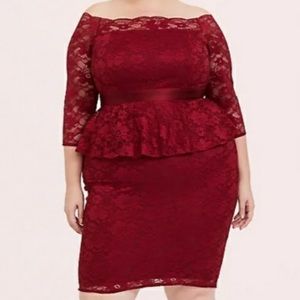 Dark Red Off Shoulder Lace Dress by Torrid